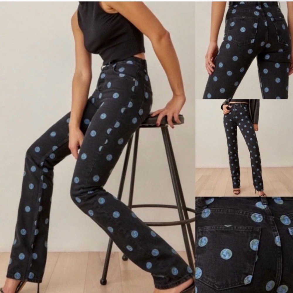 Reformation Black Denim Jeans Earth Embroidery High Waist Straight Leg 27